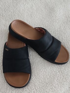 Cobian Black Slide Sandals with Tan Footbed